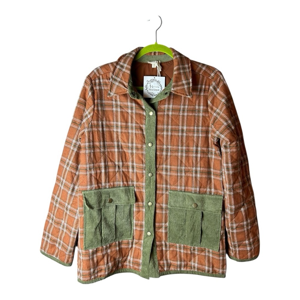 Hem & Thread Women's Rust Plaid Olive Quilted Jacket Oversized Medium - Picture 3 of 10